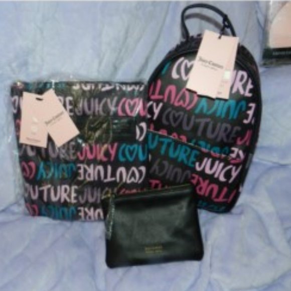 Juicy Coulture Love Letters 3 Peice Backpack, Pouch,Shoulder Bag Set Black NEW - Picture 1 of 15